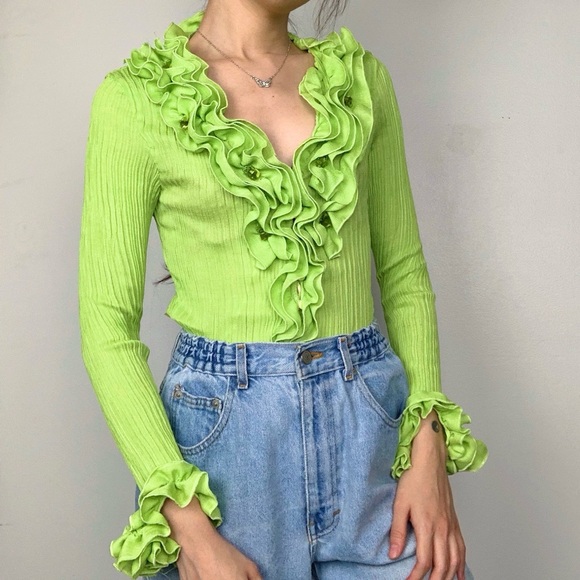 Vintage 90s lime green ruffle blouse top - Picture 4 of 10